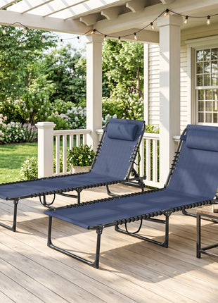 2 Folding Chaise Lounge Pool Chairs with 4-Position Reclining Back, Pillow, Breathable Mesh & Bungee Seat, Dark Blue