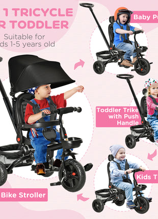 Kids Tricycle, 5 in 1 Foldable Trike with Reversible Seat, Adjustable Parent Handle, Safety Harness, Wheel Brakes, Black