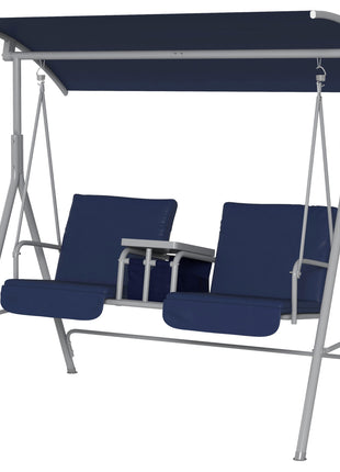 2-Seater Outdoor Porch Swing with Canopy and Table, Patio Swing Chair for Garden, Poolside, Backyard, Dark Blue