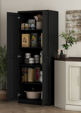 63" 2-Door Kitchen Pantry, Freestanding Cabinet with 2 Adjustable Shelves for Dining Room, Cinnamon Black Wood Grain