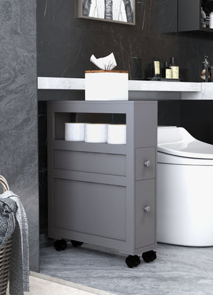 Space Saving Narrow Bathroom Storage Cabinet, Bath Toilet Paper Holder with Drawers and Rolling Wheels, Gray
