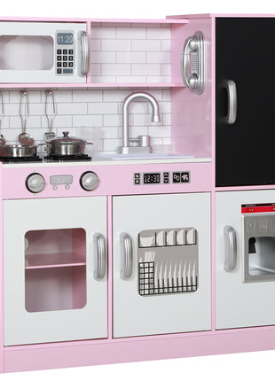 Pretend Play Kitchen, Kids Kitchen Playset with Play Phone, Chalkboard, Towel Rack & Ice Maker for 3-8 Years Pink