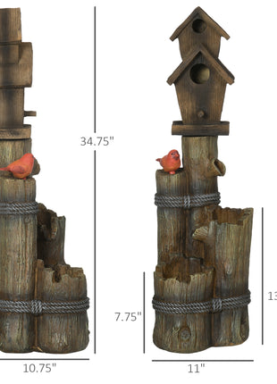 Outdoor Fountain with Birdhouse, Cascading Garden Waterfall Bird Bath with 3-Tier Rustic Tree Trunk / Log Design, LED Lights for Porch, Deck, Yard Decor, Brown