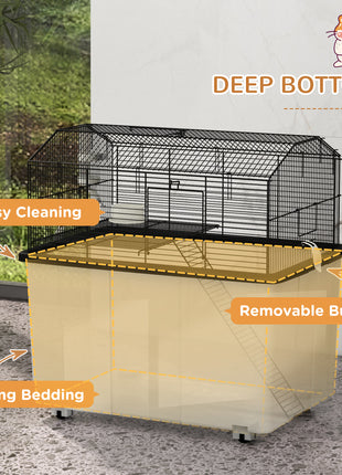 22" 2-Tier Hamster Cage with Extra-Deep 14" Base, Small Animal Cage with Ramp, Water Bottle, Food Dish, Wheels, Black