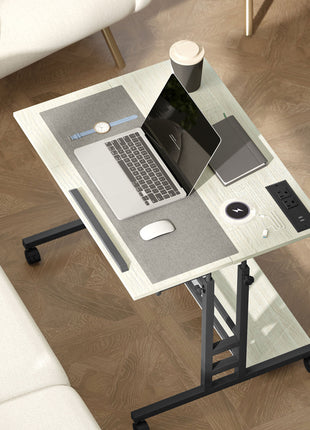 Adjustable Standing Desk with Power Outlets, Stand Up Desk with Tiltable Tabletop, Wheels, Shelf, for Home Office, Oak