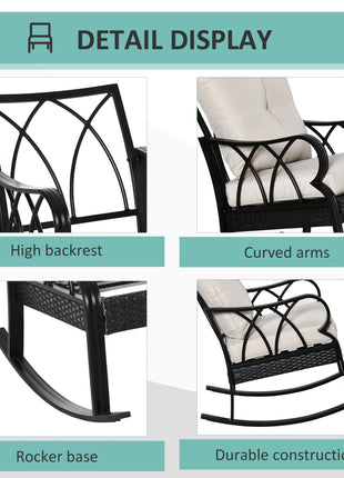 Outdoor Wicker Rocking Chair with Padded Cushions, Aluminum Furniture Rattan Porch Rocker Chair w/ Armrest for Garden, Patio, and Backyard, Khaki