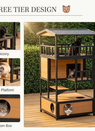 Wooden Outdoor Cat House, Feral Cat Shelter Kitten Condo with Asphalt Roof, Escape Doors, Condo, Jumping Platform, Yellow
