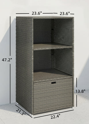 Valet Pool Towel Rack, Water-Resistant PE Plastic Rattan Wicker Storage Organizer, 2 Shelves, 1 Basket Drawer, Dark Gray