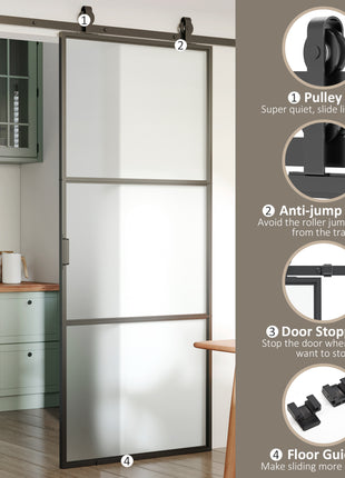 36" x 84" Sliding Door with Hardware Kit, Handle, & Track, Frosted Tempered Glass Door, Easy Installation