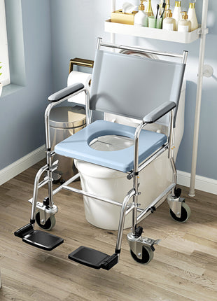 Rolling Shower Chair, Bedside Commode Wheelchair with Padded Seat, Backrest, for Seniors, Disabled, 300 lbs, Gray