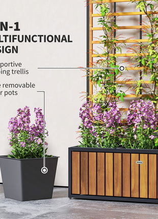 Wooden Raised Garden Bed with Trellis, Removable Pots for Backyard, Patio, Balcony, 29" x 11" x 52", Teak