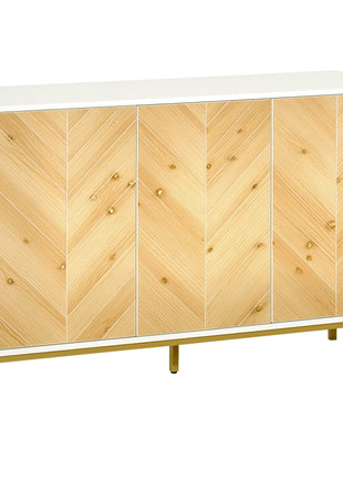 3 Door Sideboard Buffet Cabinet, Coffee Bar Cabinet with Chevron Pattern, Adjustable Shelf and Metal Legs, Natural Wood