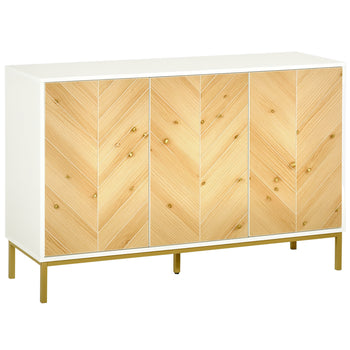 3 Door Sideboard Buffet Cabinet, Coffee Bar Cabinet with Chevron Pattern, Adjustable Shelf and Metal Legs, Natural Wood