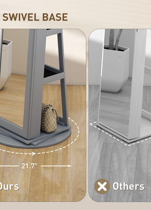 360° Swivel Jewelry Armoire, Lockable Jewelry Cabinet with Full-Length Mirror, Storage Shelves, Gray