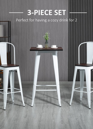 3 Piece Industrial Dining Table Set, Bar Height Bar Table and Chairs Set with Footrests for Bistro, White and Brown