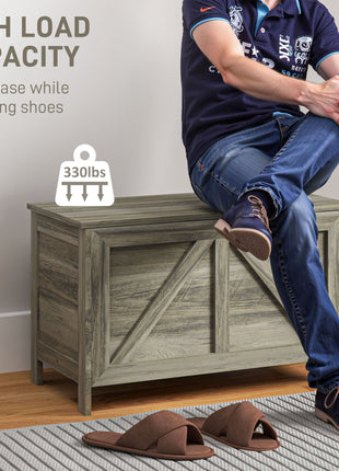 30" Farmhouse Storage Bench, Lift Top Storage Chest with Safety Hinge to Open Up 100°, Wooden Trunk for Bedroom, Entryway, Living Room, Gray