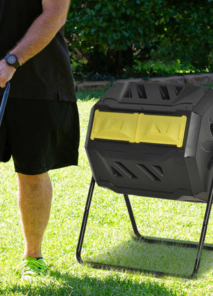Tumbling Compost Bin Outdoor 360° Dual Chamber Rotating Composter 43 Gallon, Yellow