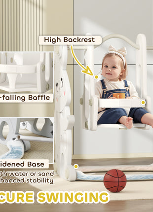 4 in 1 Toddler Slide and Swing Set with Climber, Basketball Hoop, Rabbit Themed Kids Playset for Ages 1.5-4, Gray