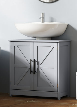 Farmhouse Pedestal Sink Storage Cabinet, Bathroom Sink Cabinet with 2 Barn Doors and Adjustable Shelf, Dark Gray
