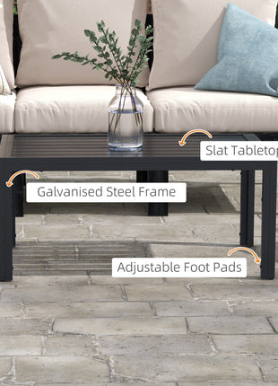 Outdoor Coffee Table, Rectangular Patio Side Table with Steel Frame and Slat Tabletop for Garden, Balcony, Black