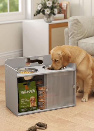 Elevated Dog Bowls with Storage, Raised Dog Bowl Stand with 2 Stainless Steel Bowl for Large Dogs, Gray