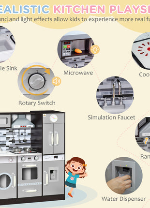 Wooden Play Kitchen with Lights Sounds, Kids Kitchen Playset with Washing Machine, Water Dispenser, Microwave, Range Hood, Refrigerator, Utensils, Gift for 3-6 Years Old