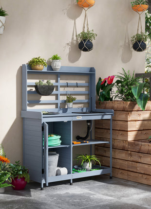 Wooden Potting Bench with Storage, Sink, Water Tap for Backyard, Patio, Balcony, Gray