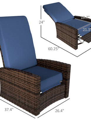 Outdoor Wicker Swivel Recliner Chair, Lifting Footrest, 360° Rotating Basic, Water-resistant Cushions, Dark Blue