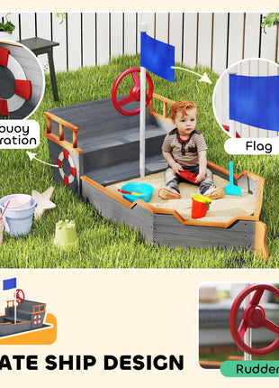 Kids Wooden Sandbox Pirate Ship Sandboat w/ Bench Seat Storage Space Ceder Wood, Gray