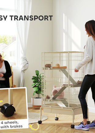 47" Small Animal Cage, 4 Levels Large Rolling Metal Ferret Cage w/ 5.9" Deep Tray, Ramps, Water Bottle, Food Dish, Beige