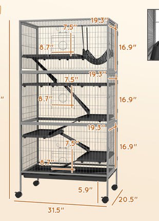 63" H Rolling Small Animal Cage with Hammock, Ferret Cage, Chinchilla Cage, Pet Habitat with 6 Doors, Removable Tray