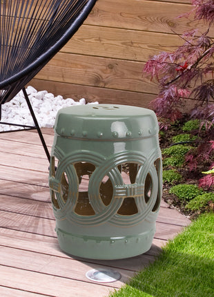 14" x 17" Ceramic Garden Stool with Double-Coin Knotted Ring Design, Glazed Decorative Outdoor Stool, Green