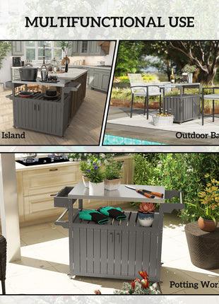 Outdoor Bar Cart with Storage, Stainless Steel Outdoor Bar Table Top, Wheeled HDPE Kitchen Island for Food Prep, Gray