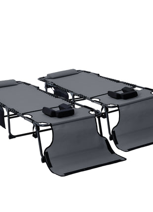 2 Piece Folding Chaise Lounge Pool Chairs with 5-level Reclining Back, Reading Hole, Side Pocket, Gray