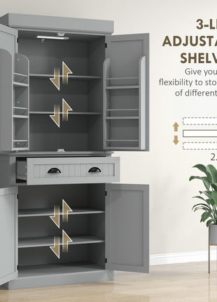 71" Kitchen Pantry Cabinet with LED Lights, 6 Door Shelves, a Drawer and 4 Adjustable Shelves, Gray