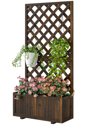 Wooden Raised Garden Bed Planting Planter Box with Trellis and Drain Holes for Climbing Vine Plants, Brown