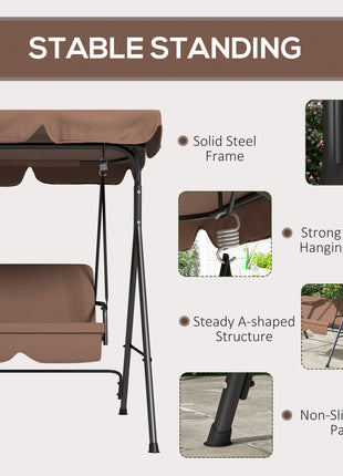 Large Family Swing Set, 3-Seat Adjustable Canopy Swing Bench with Cushion, Steel Frame Stand for Patio, Garden, Family Use, Brown