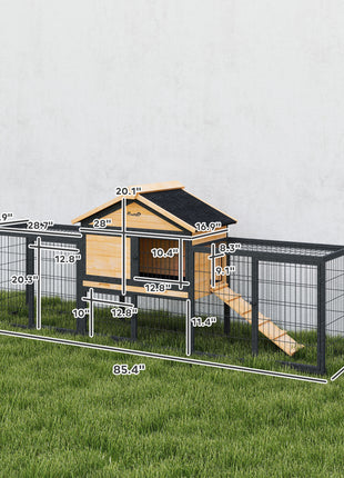 Wooden Rabbit Hutch Outdoor, 85" Large Bunny Cage with Steel Run, Removable Plastic Tray, Asphalt Roof, Ramp