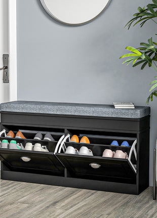 Modern Shoe Storage Bench, Entry Way Bench with Cushion, 2 Drawers, Storage Ottoman Bench, Holds 8 Pairs, Black