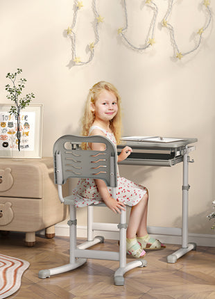 Height Adjustable Kids Desk and Chairs Set with Tilt Desktop, Storage Drawer, Pen Slot, Hook, Gray