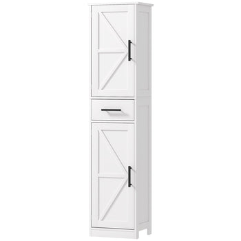 Farmhouse Linen Closet with Drawer, 67" Tall Bathroom Storage Cabinet with Barn Doors and Adjustable Shelves, White