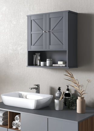 Farmhouse Bathroom Medicine Cabinet, Wall Cabinet with Barn Doors and Adjustable Shelf for Laundry Room, Gray