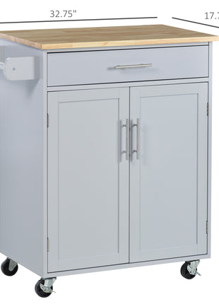 Kitchen Island Cart, Rolling Island Table with Solid Wood Top, Trolley Cart with Drawer, Storage Cabinet & Towel Rack, Gray