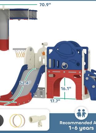 8-in-1 Toddler Slide Set with Basketball Hoop, Indoor Outdoor Playground Playset for Kids, Blue
