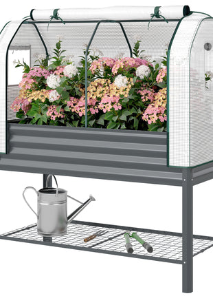 Galvanised Raised Garden Bed with Greenhouse Cover, Metal Elevated Garden Bed with Bed Liner, Bottom Shelf, Dark Gray