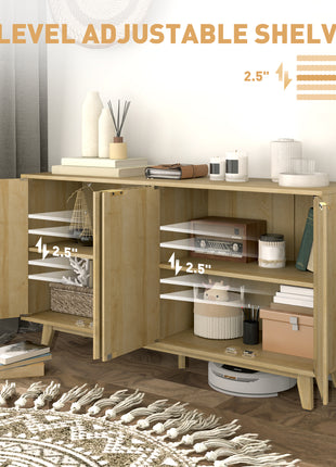 Fluted Sideboard Buffet Cabinet, 55" Coffee Bar Cabinet with 4 Doors, 2 Adjustable Shelves, 5 Wood Legs, Oak