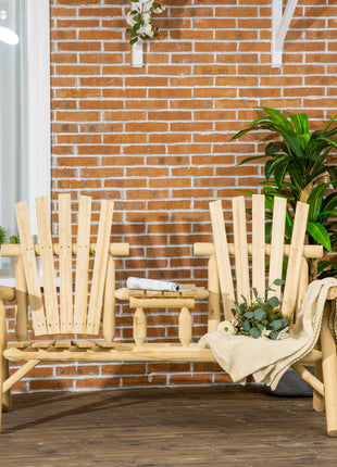 2-Seat Wooden Adirondack Chair, Patio Bench with Table, Outdoor Loveseat Fire Pit Chair for Porch, Backyard, Deck, Natural