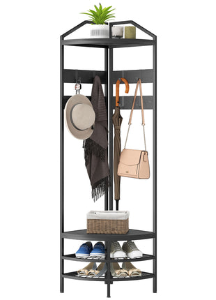 Corner Hall Tree, Industrial 4-Tier Coat Rack with Shoe Storage, 8 Movable Hooks and 2 Shelves for Hallway, Black