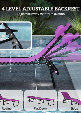 2 Folding Chaise Lounge Pool Chairs with 4-Position Reclining Back, Pillow, Breathable Mesh & Bungee Seat, Purple
