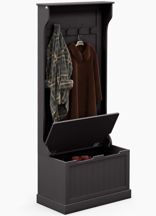 Entryway Hall Tree with Coat Rack and Sitting Bench, Mudroom Bench with Storage and Hooks, Black